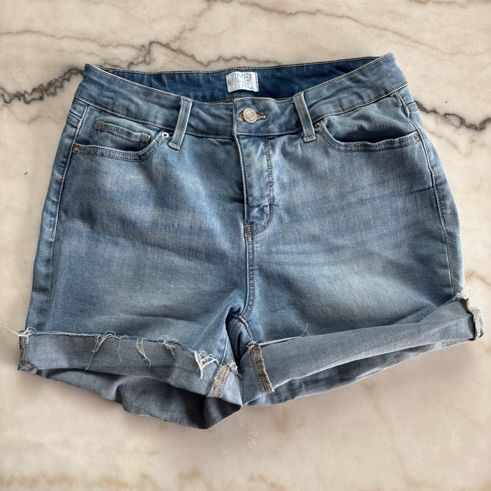 Time and Tru Denim Shorts Light Wash Cuffed Raw Hem High Rise Size 10